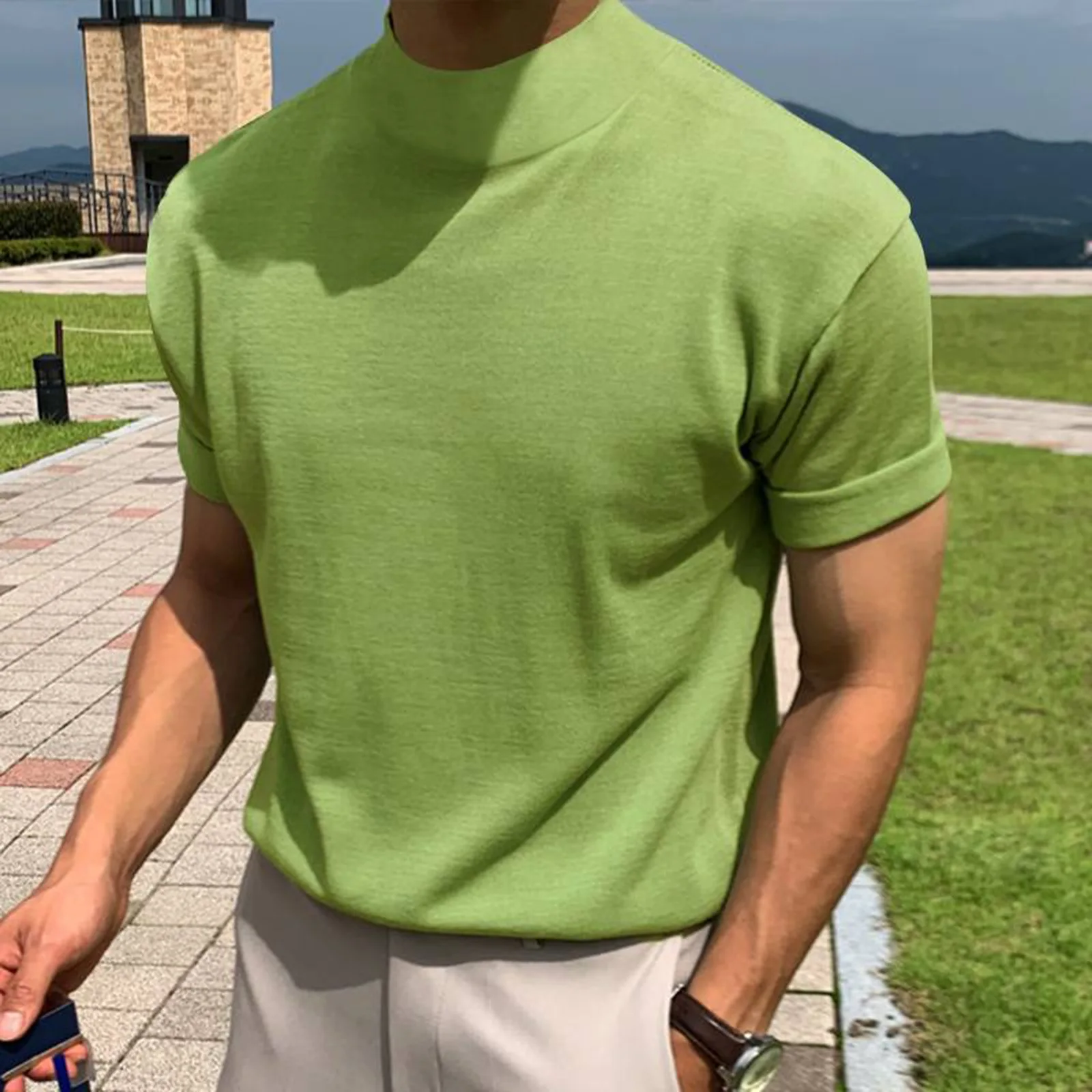 

2026 Summer New Men's Solid Color Turtleneck Short-sleeved T-shirt Bottoming Shirt