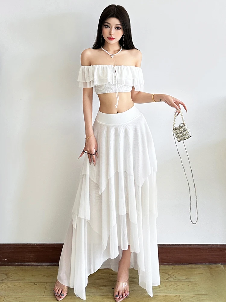 

Insglas Chic 2-Piece Set Women Patchwork Bandage One Shoulder Tierred Mini Top+Irregular Hem Ruffles Skirt Vacation Sweet Suits