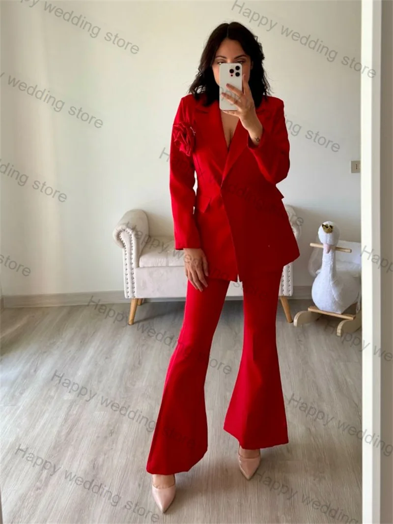 Red Women Suit Pants Set 2 Piece Blazer+Flare Trousers 3D Flower Formal Office Lady Wedding Tuxedo Custom Made Prom Coat Jacket