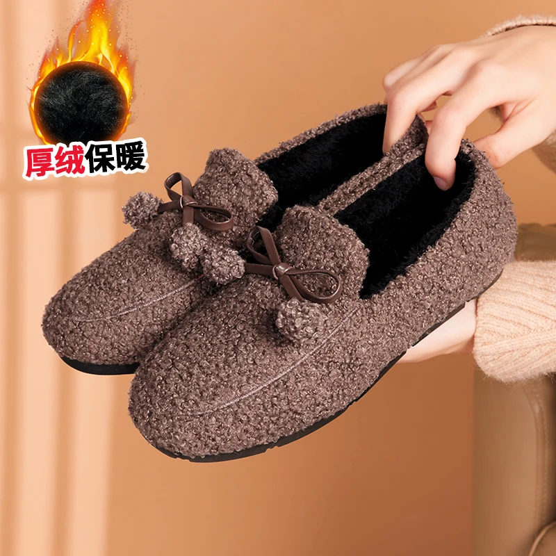 Cotton shoes women's winter Plush year autumn and winter pop wool warm middle-aged and elderly flat bottom pea shoes 6185