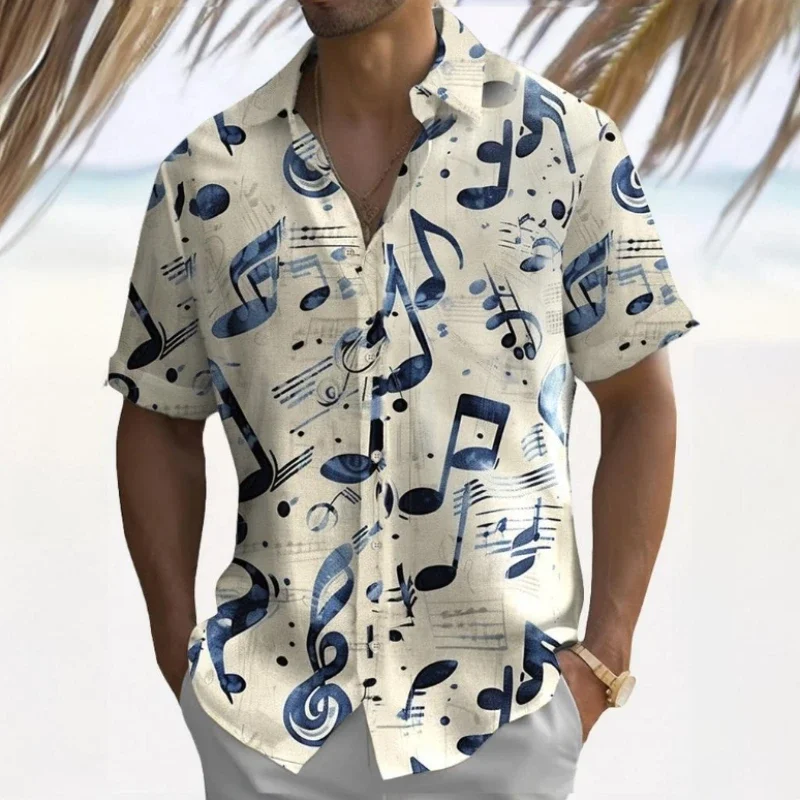 Camisas havaianas com estampa de símbolo musical 3d para homens, camisa de manga curta, verão, praia, casual, roupas masculinas, soltas, grandes dimensões, tops