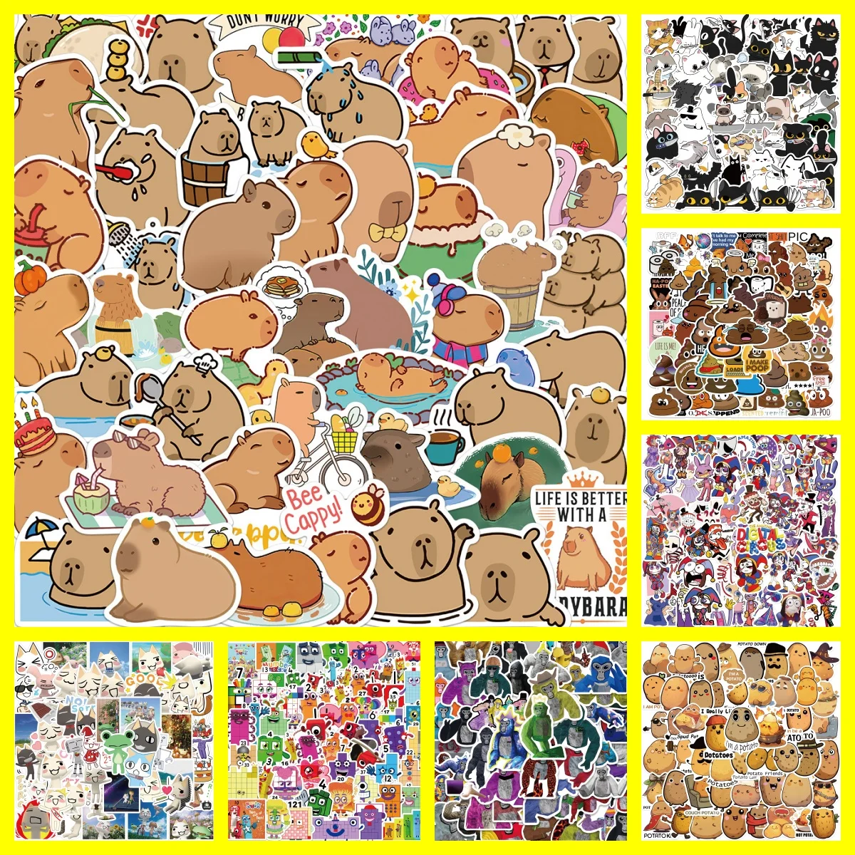 50pcs Cute Cartoon Capybara Cat Dog Anime Potato Stickers Diy Decoration Notebook Bottle Laptop Waterproof Pvc Stickers