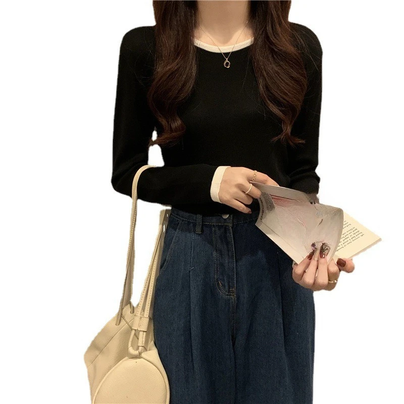 2025 قاعدة تي شيرت المرأة الخريف جديد طويل الأكمام المتخصصة تصميم سليم صالح جولة الرقبة قصيرة رقيقة أعلى #5