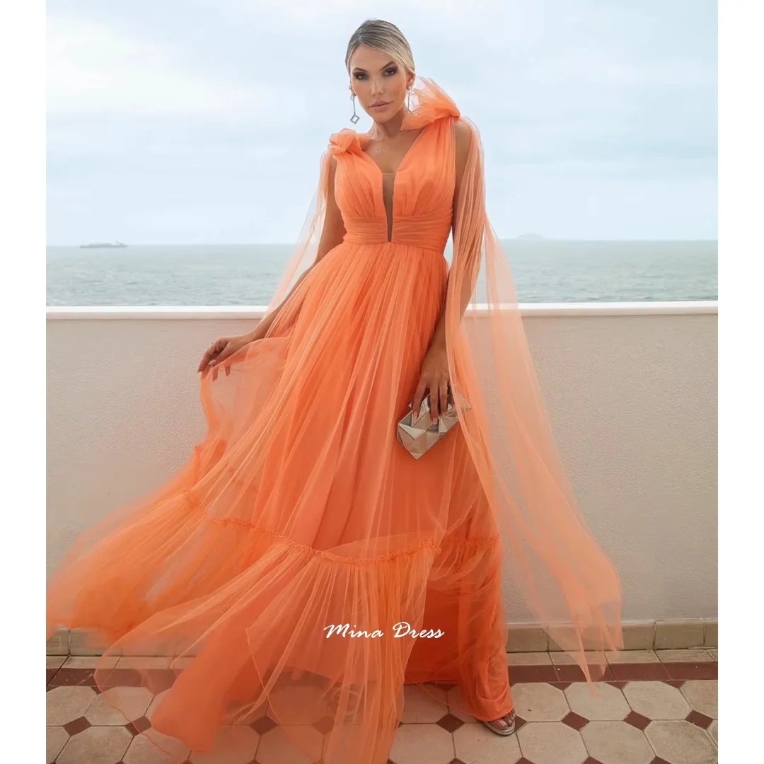 

Mina Customized Orange Luxurious Women's Evening Dresses for Formal Occasions V-neck Streamers Arabic Evening Dress Luxury Party