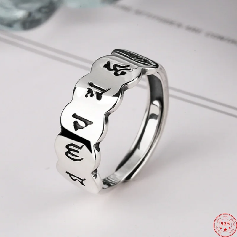 S925 Sterling Silver Charms Rings for Men Women Buddhist Six Syllable Mantra New Fashion Classic Retro Jewelry Wholesale