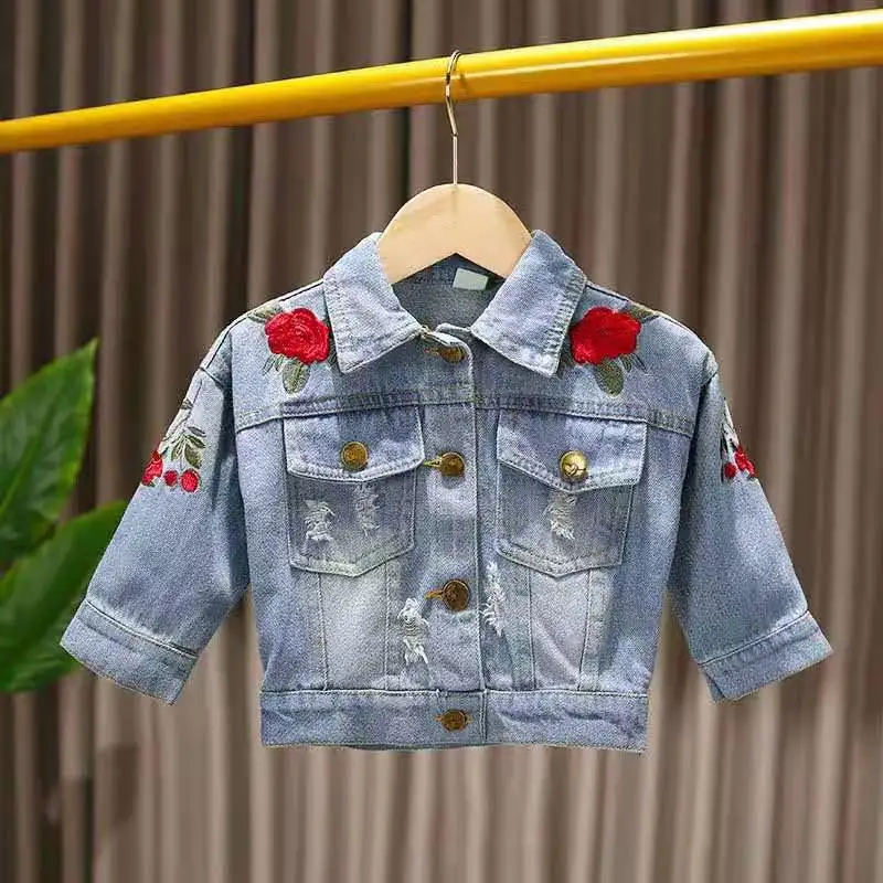 1-3 Year New Children\'s Denim Spring AutumnJackets Girl Flower Jean Jackets Girls Kids Clothing Baby Lace Coat Casual Outerwear