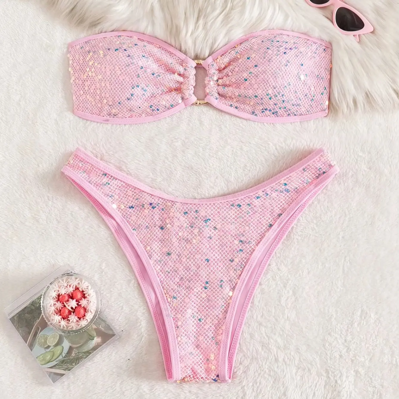 DEKA Gold Shiny Bandeau Bikini Set Women Sequin Front Ring Push Up Micro Swimsuit Summer Bathing Suit Thong Swimwear Biquin