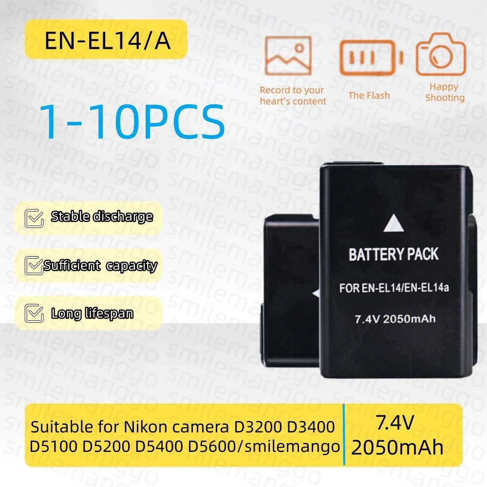 1-10 PCS 7.4V EN-EL14 2050mAH Battery Suitable for Nikon Camera D3200 D3400 D5100 D5200 D5400 D5600