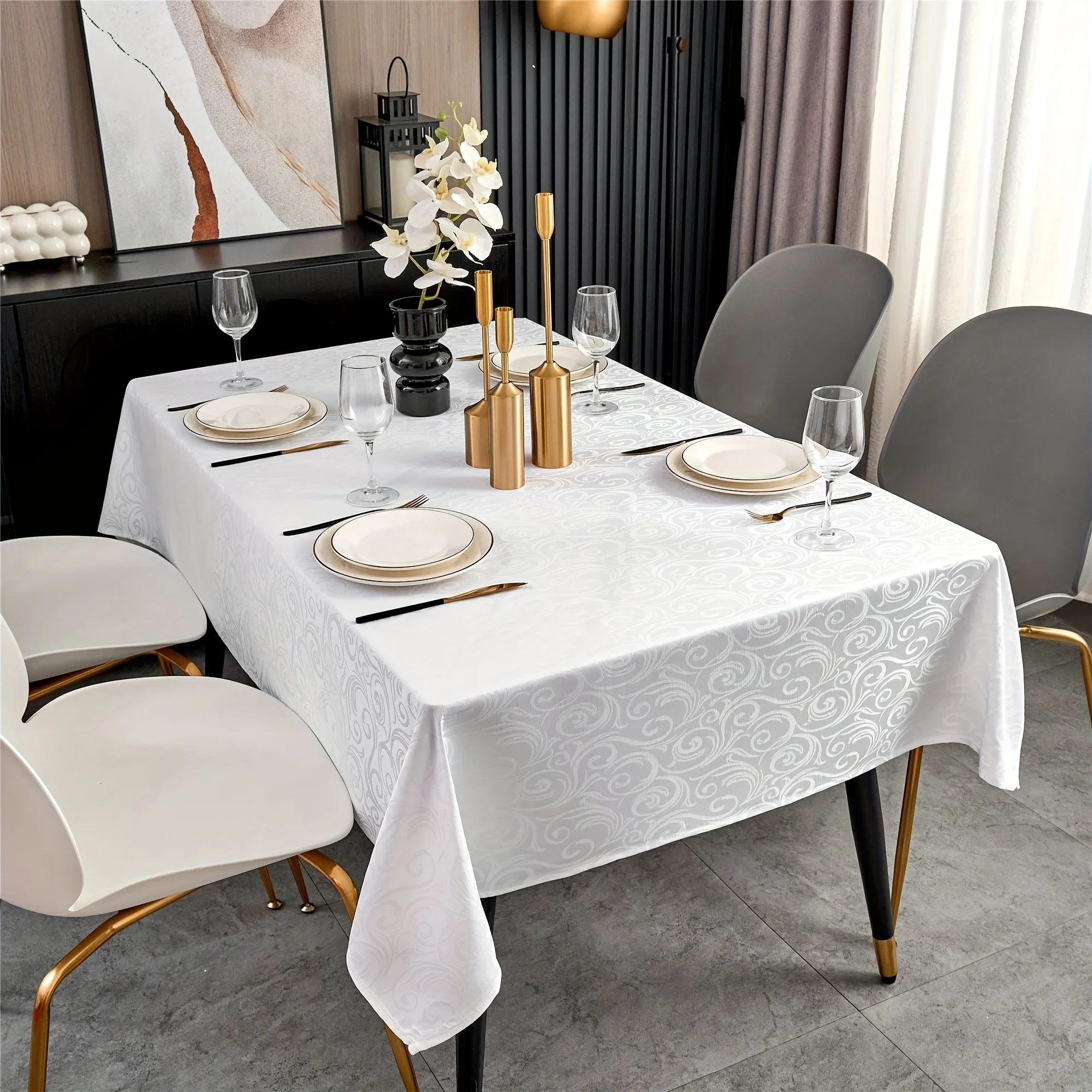 One tablecloth is specially designed for rectangular tables and is made of polyester with a floral jacquard pattern.