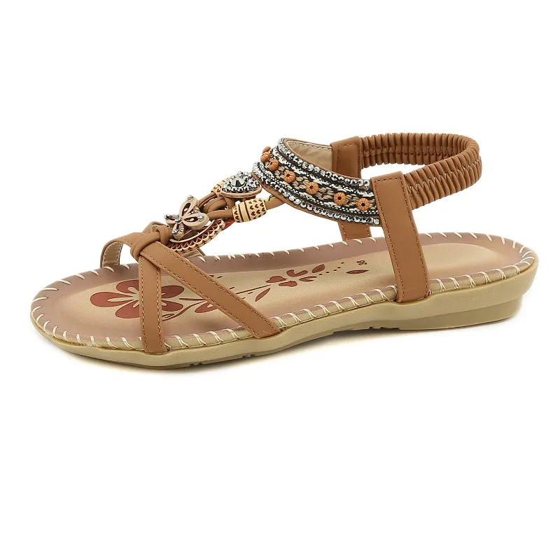 Women Sandals Summer New Fashion Bohemian Non Slip Rhinestone Beads Breathable Casual Open Toe Beach Sandals for Women