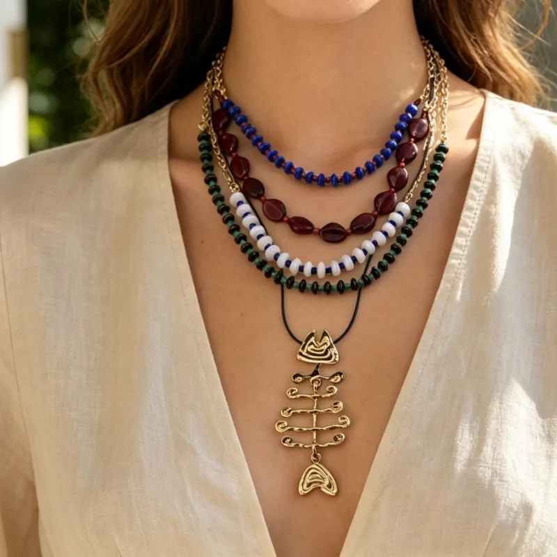 Bohemian Multi‑Layer Color Beaded Necklace Gold Fishbone Pendant Stackable Choker Necklace Women Vintage Ethnic Jewelry