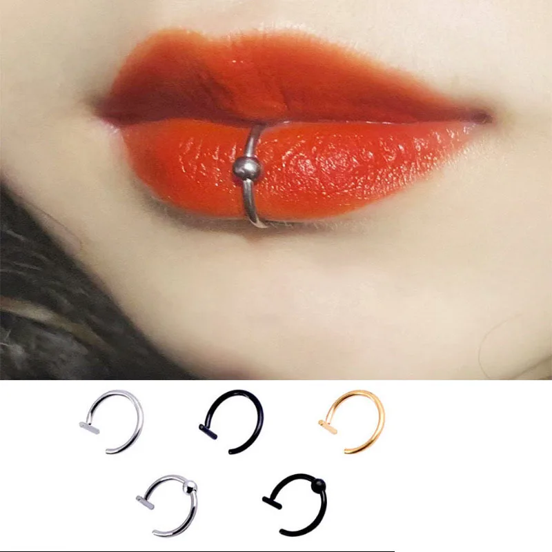 2PC Women Lip Ring Fake Piercing Stainless Steel Nose Rings Septum Piercing Clip on Mouth Non Piercing Punk Cuff Hoop Earring