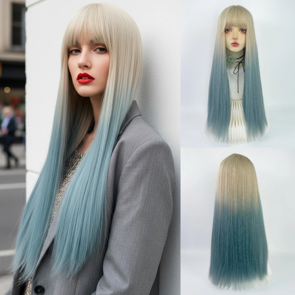 

Women Long Straight Wig Bangs Blonde Ombre Green Cosplay Wigs Heat Resistant Soft Synthetic Daily Use