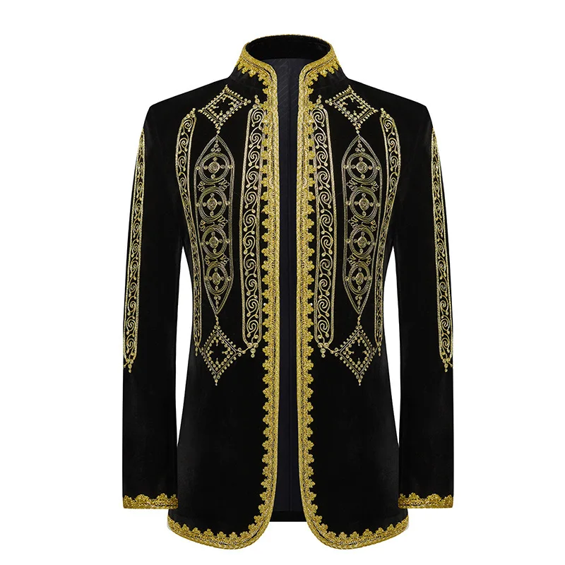 Embroidered Performance Costume, Male Singer, Stage Performance Host, Standing Collar, Zhongshan Suit, Palace Style Performance