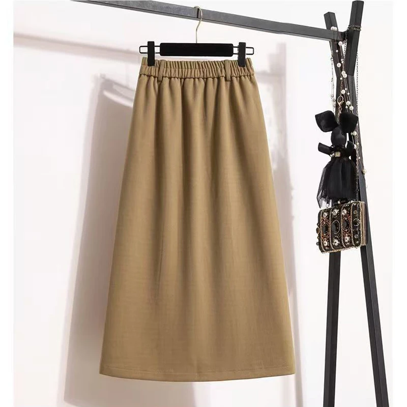 Women Clothing Autumn Winter Vintage Elegant Chic Pleated Woolen Skirts Female High Waist Solid Casual A-line Midi Skirt Faldas