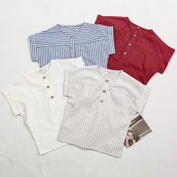 Children's Cotton Linen Striped Short-Sleeved T-Shirt Summer New Boys And Girls Round Neck Buttons Daily Casual Tops