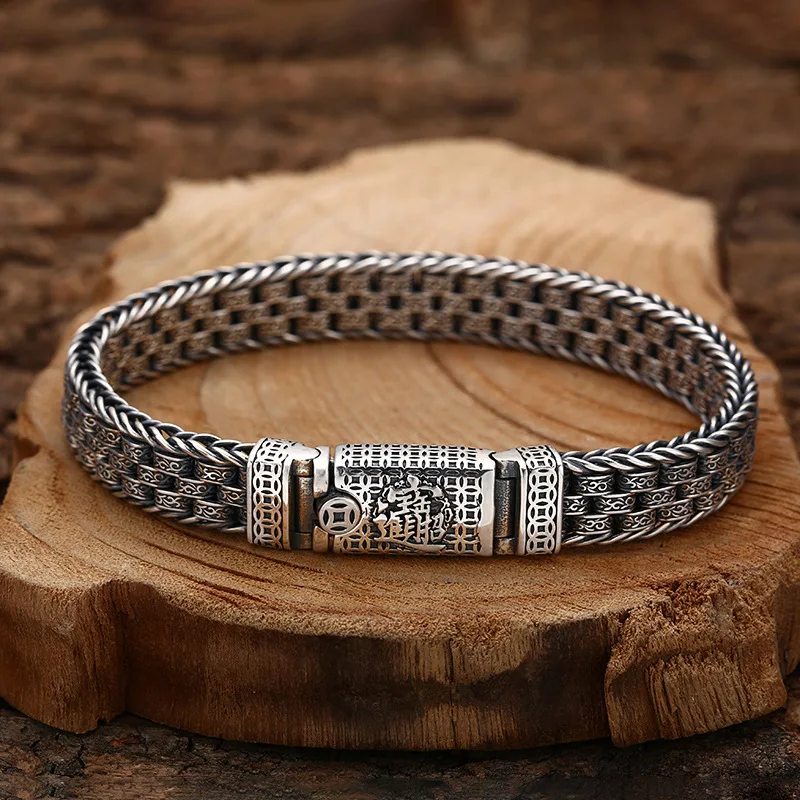 Lucky And Wealthy 925 Sterling Braided Bracelet With Grass Pattern, Thick Style, Men'S Thai Silver Vintage Jewelry