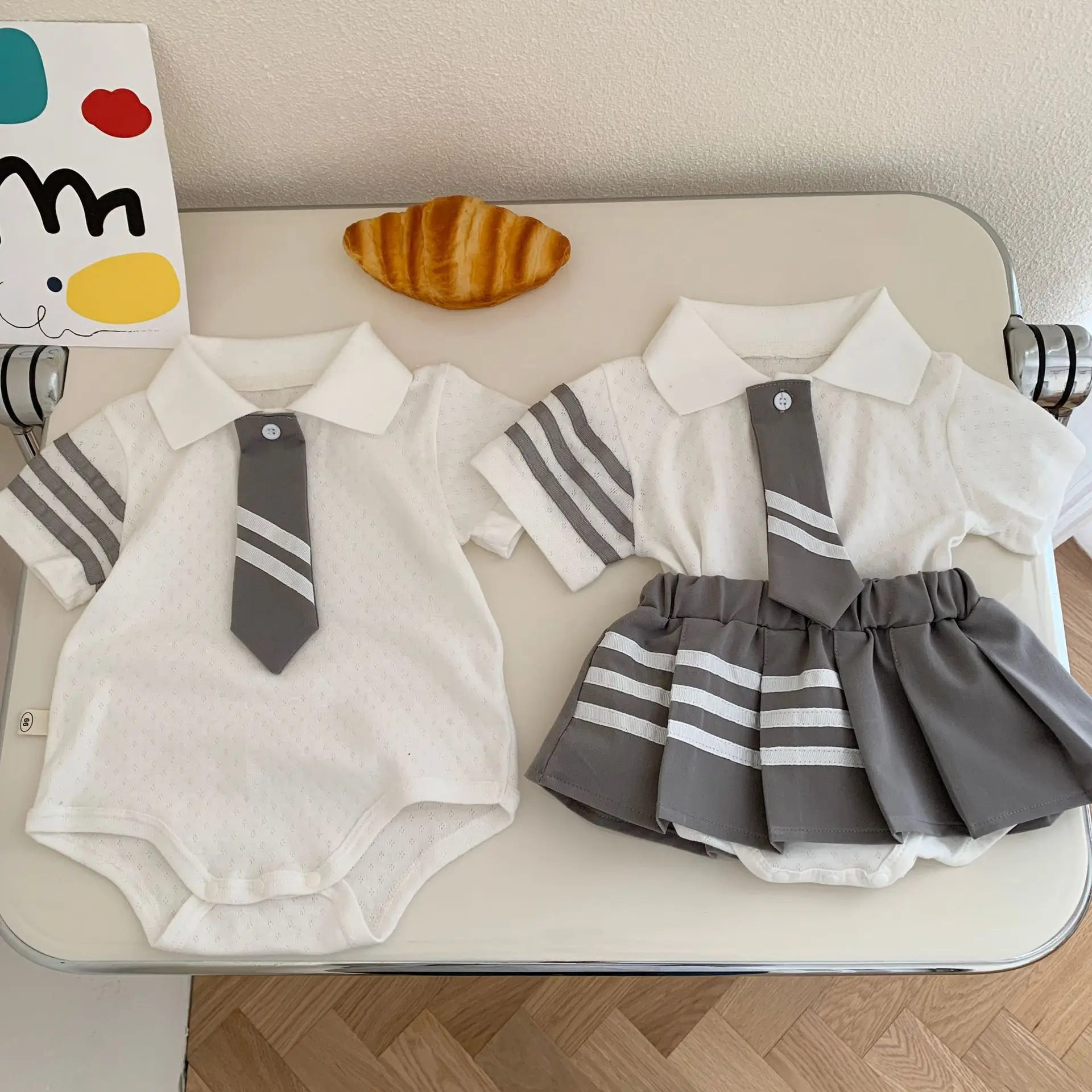 RAISE Summer Sibling Look Cotton College Turn Down Collar Infant Short Sleeves Jumpsuit Elastic Waist Kid Girl Pleated Skirt Set