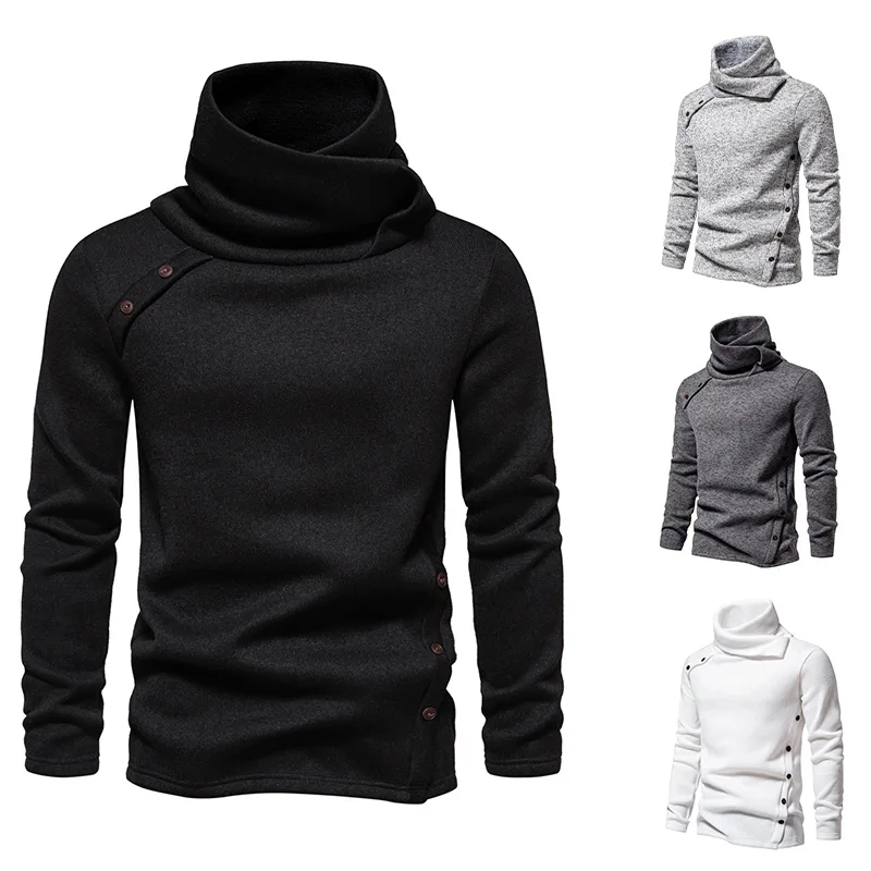 New British Style Men's Hoodies for Spring and Autumn Season, Pile Up Collar Pullover, Solid Color Top Trend