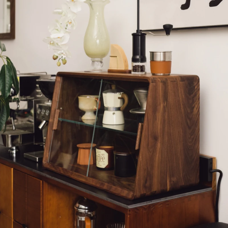 #Coffee shop solid wood storage cabinet glass door black walnut desktop tableware coffee cup storage display case display case