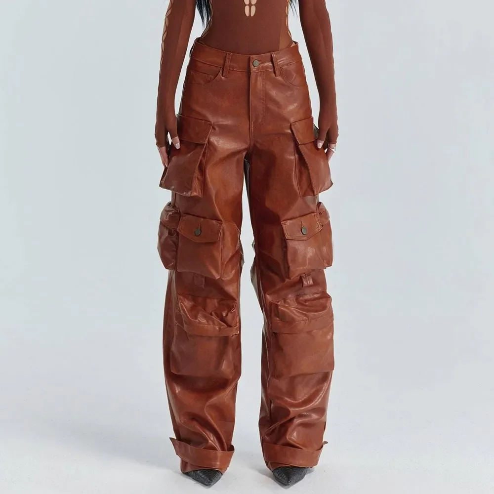 High Waist Patchwoek Zippers Pu Leather Trousers Female Autumn Clothes Loose Spliced Pockets Streetwear Pant for Women