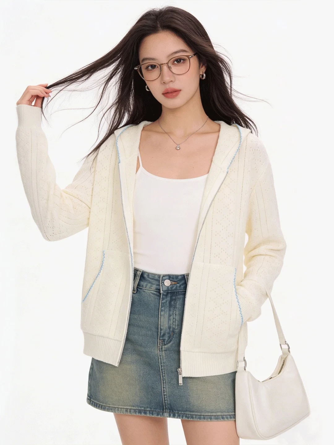 

Ladies Casual Knitted Open Cardigan White Hollow out Long Sve Thin Sle Spring Autumn Breathable Comfortable Korean Faion