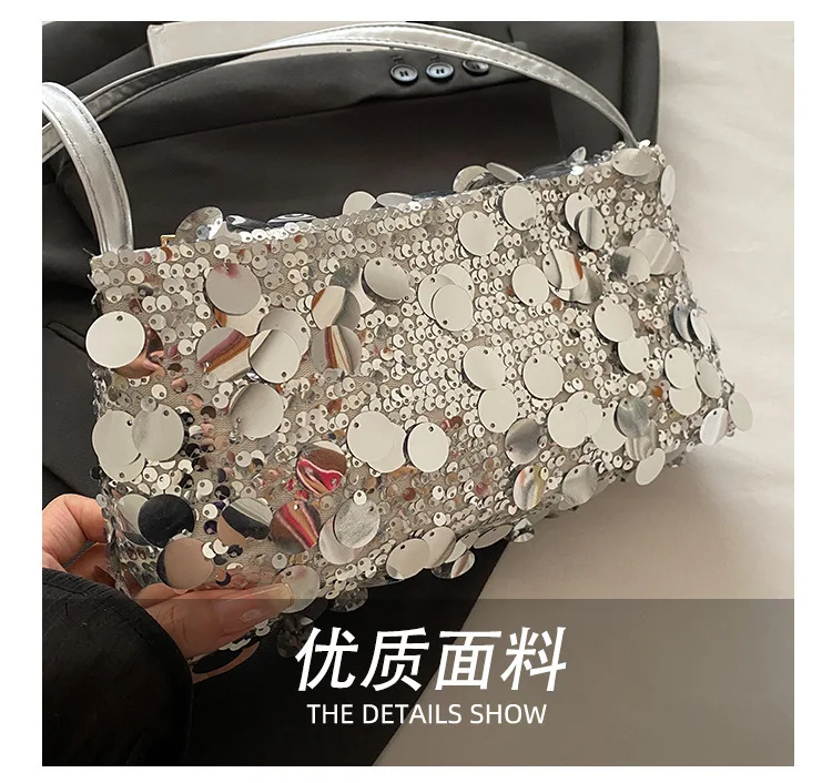 Neue Pailletten-Abendtasche, Schultertasche für Damen, leicht, tragbar, Damen-Umhängetasche mit Riemen, einfarbig, modische Handtasche für Frauen. – Detail 6