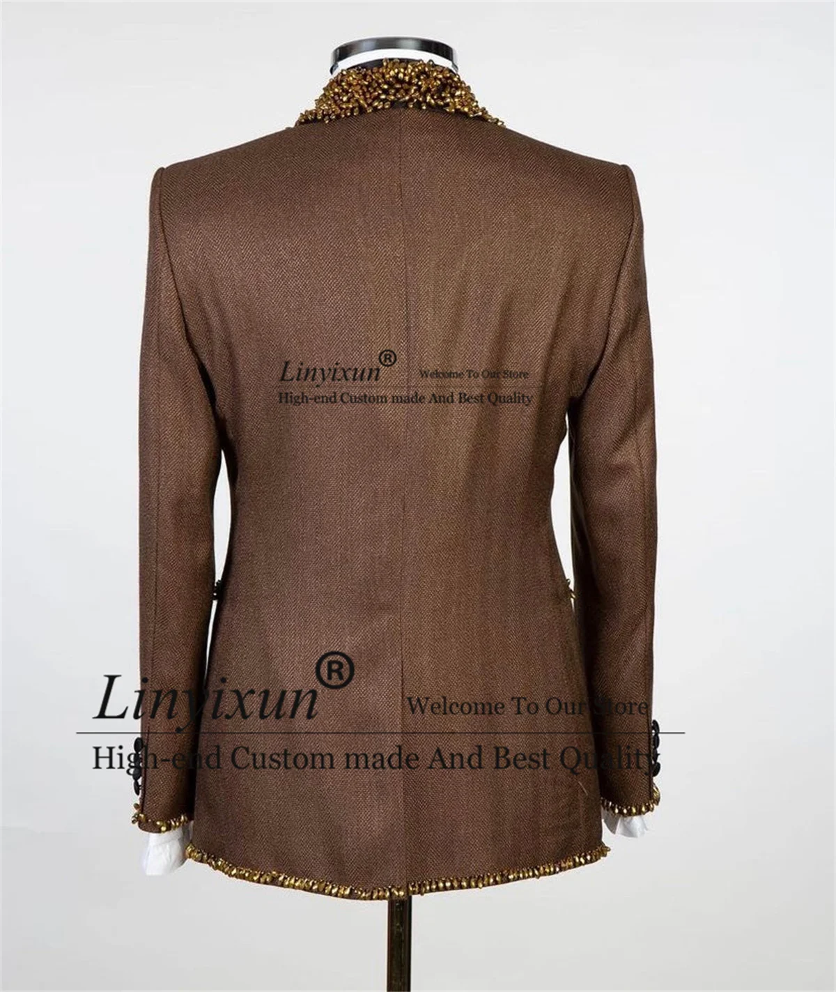 Brown Gold Crystals Beaded Groom Tuxedos Shawl Lapel Men Suits 2 Pieces Sets Male Blazers Pants Outfit Terno Masculino Completo