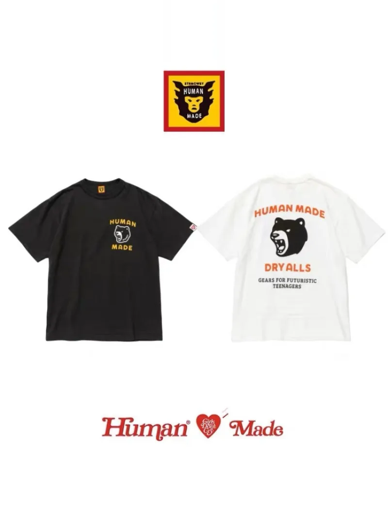 Human Made Roaring Bear Letter T-Shirt, Slub Cotton Loose Tee for Couple Unisex