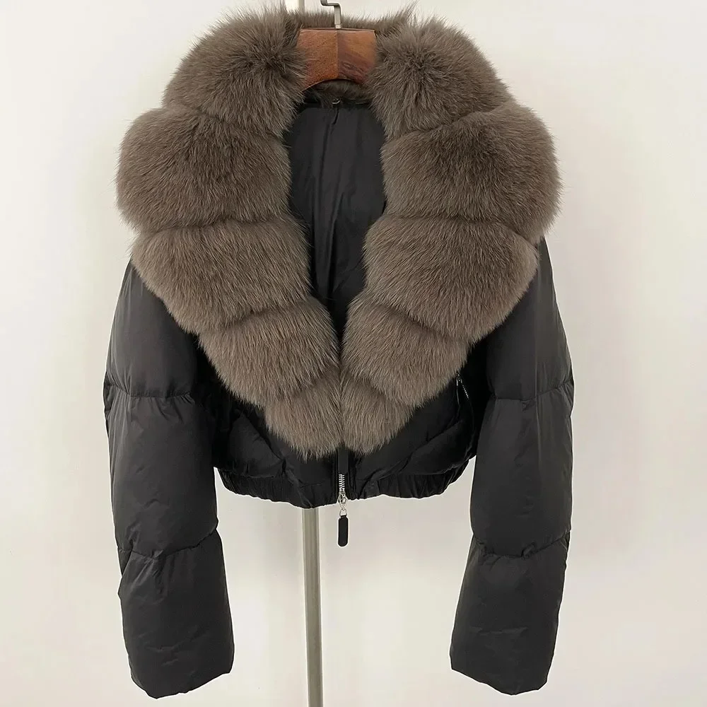 2024 Winter Women Coat Real Natural Fox Fur Collar Thick Warm White Duck Down Jacket Casual Short Overwears Streetwears New