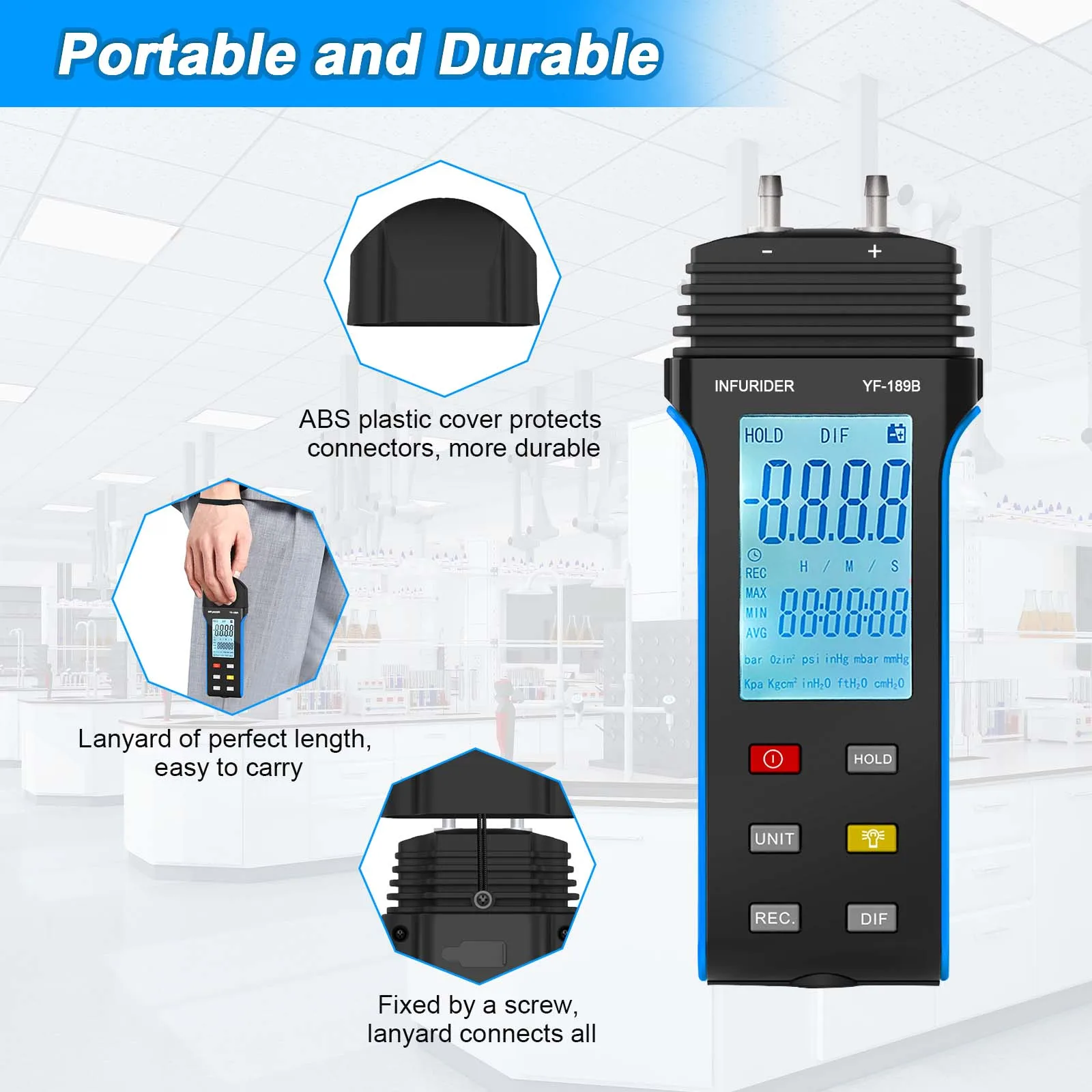 Gas Pressure Tester HP-189B LCD Display With Backlight Digital Manomete Dual-Port Manometer for any gas pressure system trouble