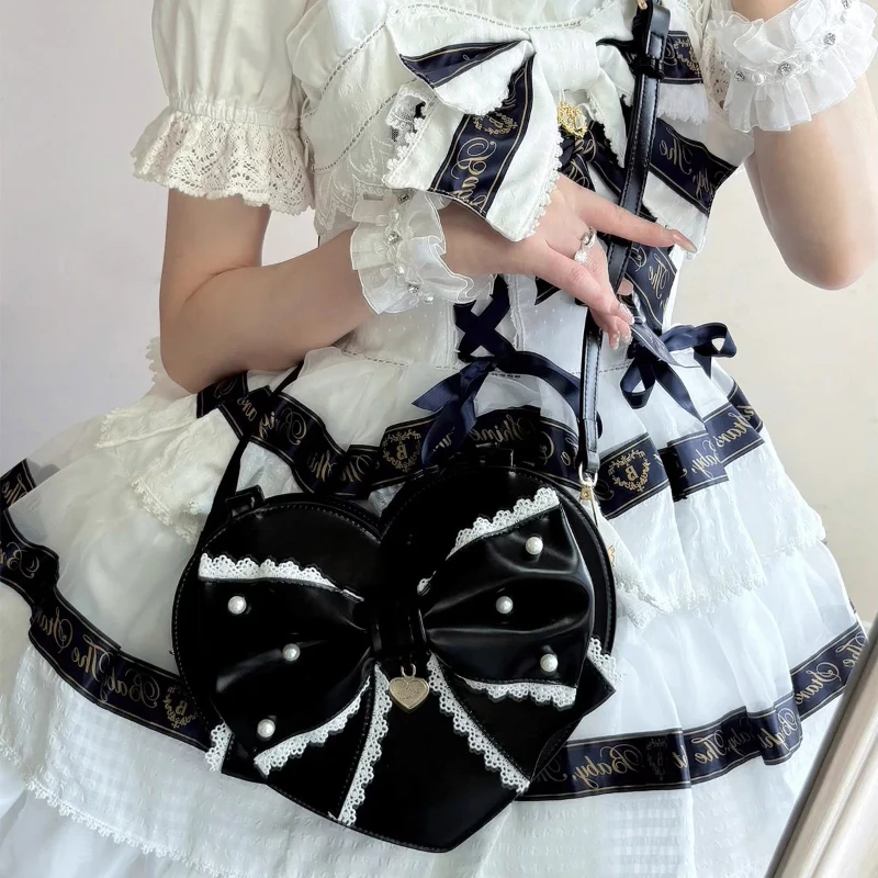 Girl's Princess Pink Sweet Lolita Handbag 2025 New Women's Fashion Versatile Heart Shape Big Bow Crossbody Bags Shoulder Bag