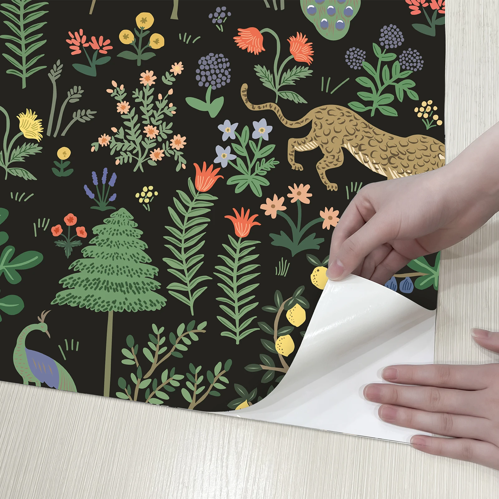 Retro Floral Animal Black Wallpaper Forest Style Leopard Flower Peel And Stick Room Decor Vintage Dark Shic PVC Cabinet Sticker