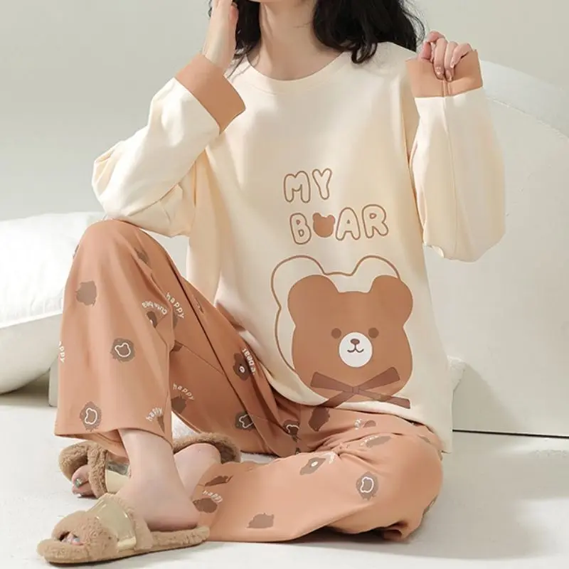 Cotton High-End Pajamas Spring Autumn Long Sleeve Round Neck Cartoon Student Home Wear Suit Women Sweet Cute Loose Sleepwear Set