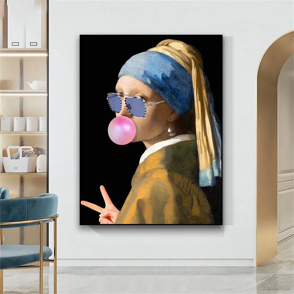 

Altered Art Vintage Portrait Poster Girl with a Pearl Earring Prints Funny Oil Painting Bubble Gum Canvas Painting Home Decor