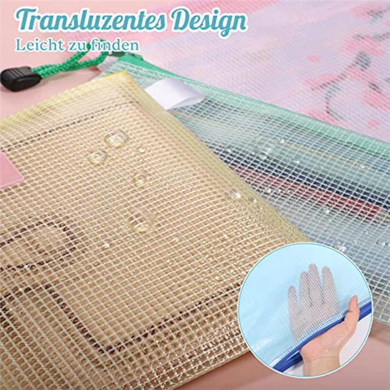 20 pacotes de bolsos para documentos a4 + a5 + a6, pasta de arquivo, bolso de plástico com zíper, bolsa de malha com zíper (4 cores)