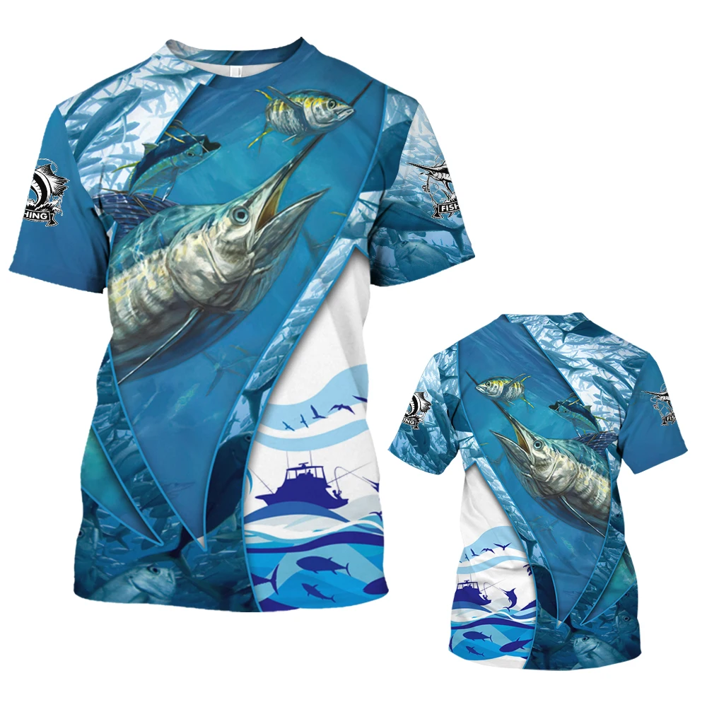 Tide Fashion Summe Marine Fish Picture Men\'s T-shirt Casual Print Tees Hip Hop Personality Round Neck Short Sleev Quick-Dry Tops