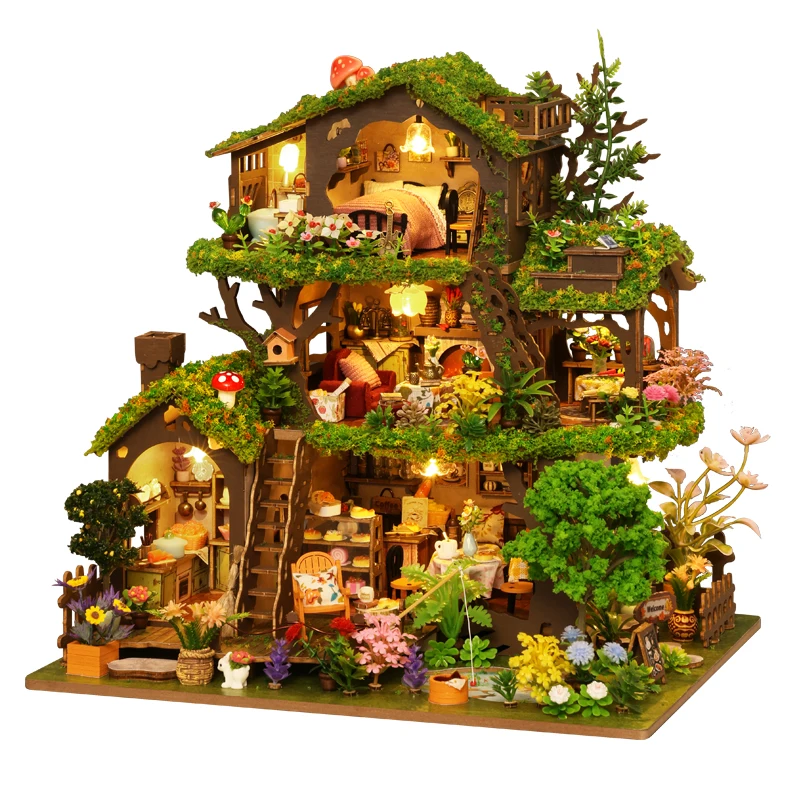 

DIY Wooden Time Tree House Forest Casa Miniature Model Kits With Furniture LED Lights Dollhouse for Friends Birthday Gifts