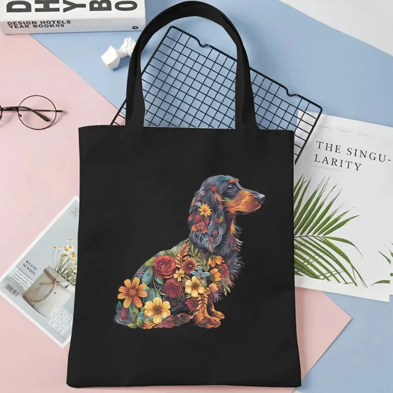 المائية الأزهار الكلب طباعة حقيبة قماش قنب المرأة موضة الكتف Totebag الإناث أكياس التسوق فتاة طالب الحقائب المدرسية حقائب اليد الحيوانية