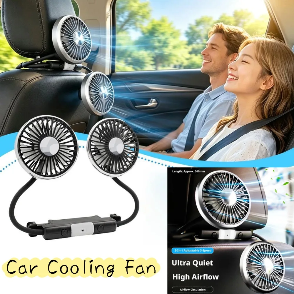Dual Head Car Cooling Fan Flexible Hose Car Seat Rear Fan 3 Speed Air Cooler Fan With LED Light 12V/24V Car Cooling Accessories