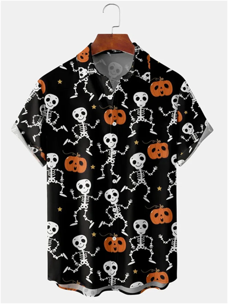 Vintage Men\'s Shirt Halloween Pumpkin Head 3D Print Men\'s Clothing Summer  Casual Hawaii Beach Hawaiian Harajuku Holiday Shirt