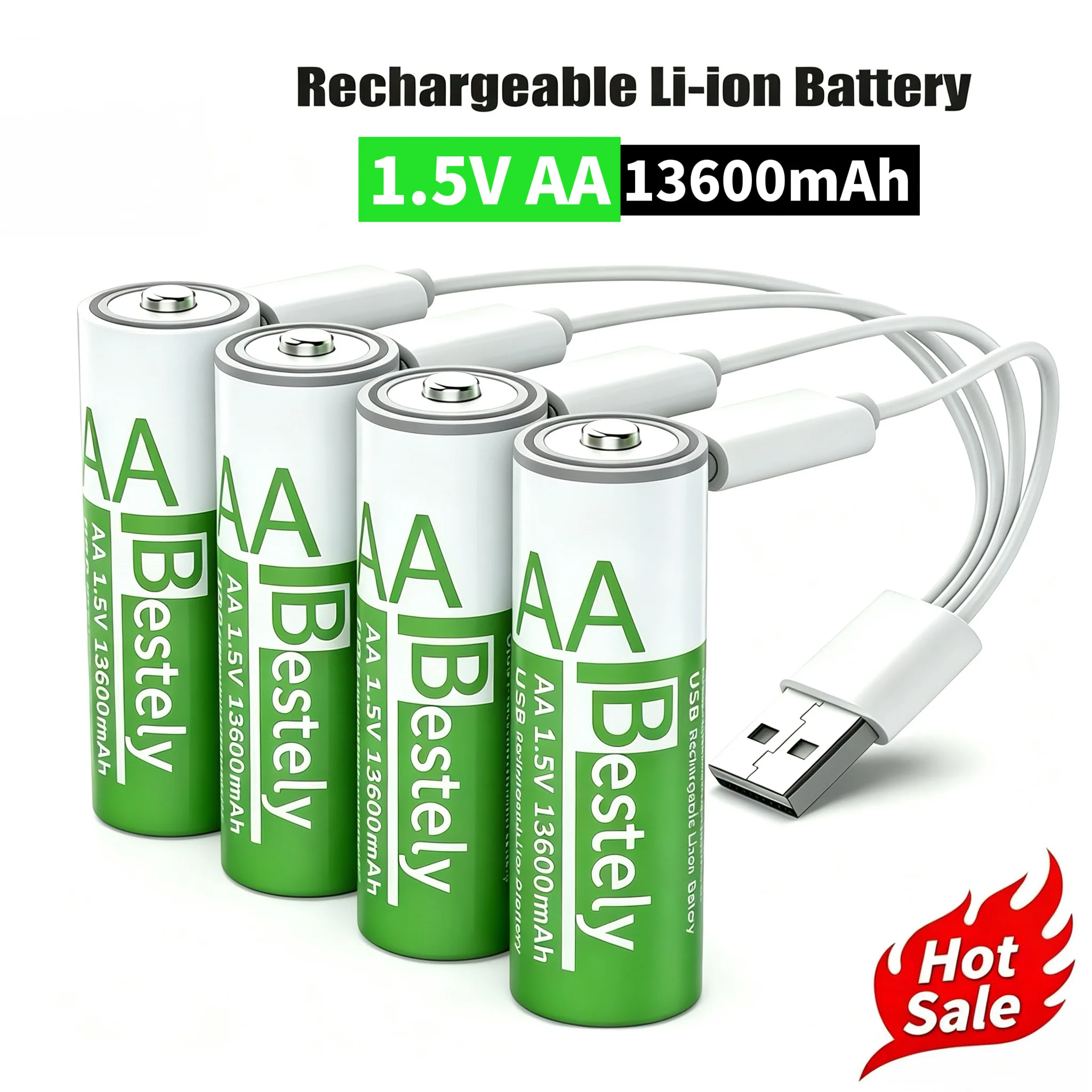 

1.5V AA 13600mAh Rechargeable Li-ion Battery, USB-C Fast Charging, 2000 Cycles Long Lasting with Free Charging Cable