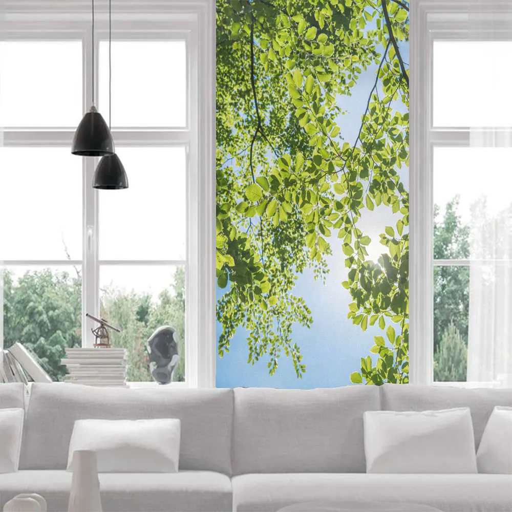 Privacy Glass Window Film Sunshine Leaf Pattern Frosted Glass Door Decorative Film Anti UV Glue-free Cling Glass Window Sticker