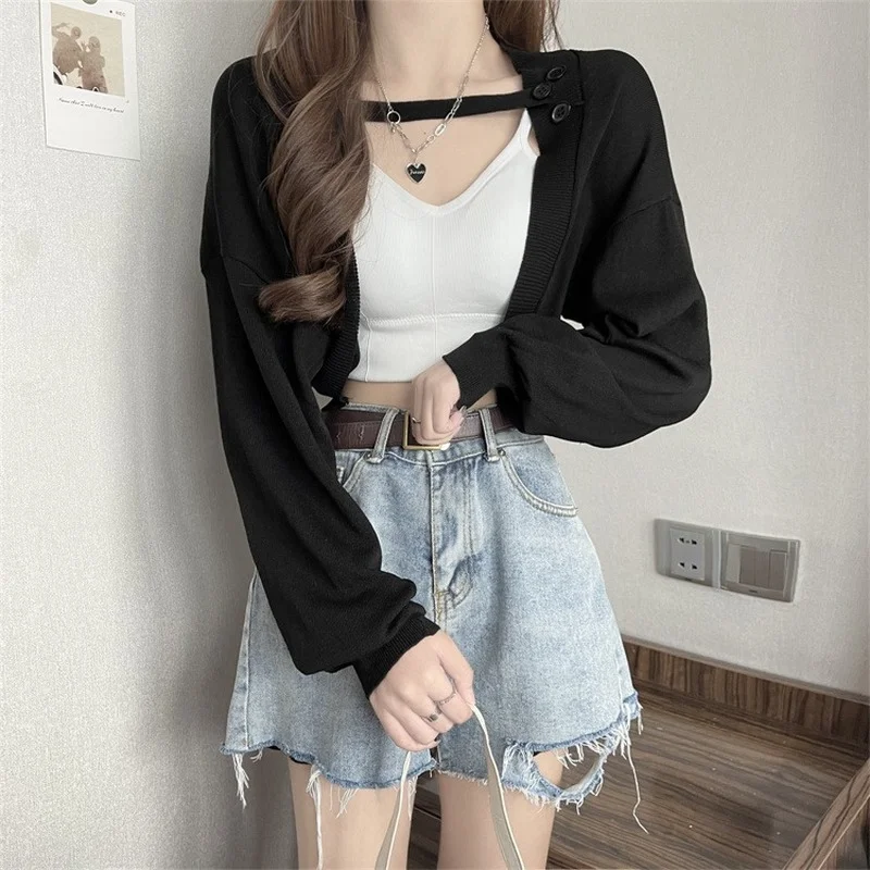 

Летний кардиган, женский вязаный халат во французском стиле, свободный однотонный тонкий универсальный элегантный женский укороченный молодой модный уличный шик