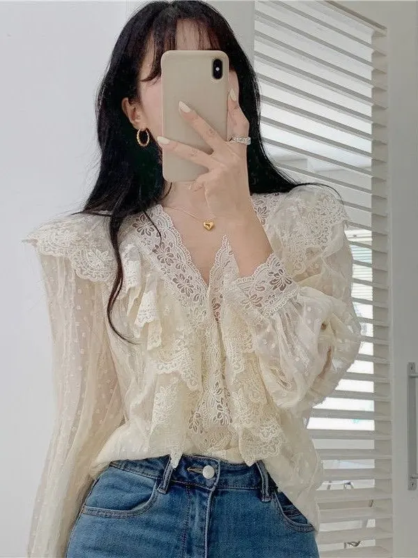 Elegant Ladylike Lace Shirt V-Neck Long Sleeve Spring 2026 Women's Fashion Straight Cut Chiffon Blouse Stylish Top