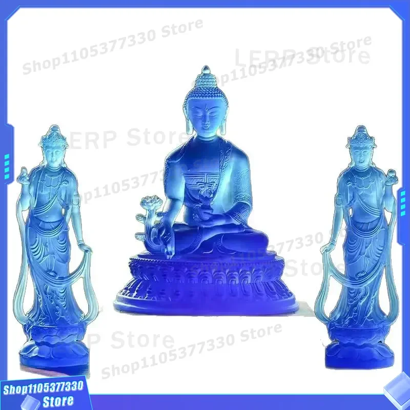 Glazed Oriental Three Saints Statue Sunlight Moonlight Bodhisattva Apothecary Buddha Desktop Ornament Home Worship Living