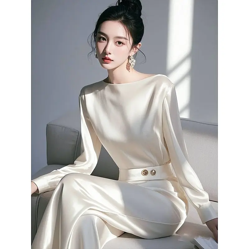 新作・高品質サテン秋レディースツーピースセット エレガントオフィスレディ長袖ブラウストップス＋ワイドレッグパンツスーツ セレブリティ