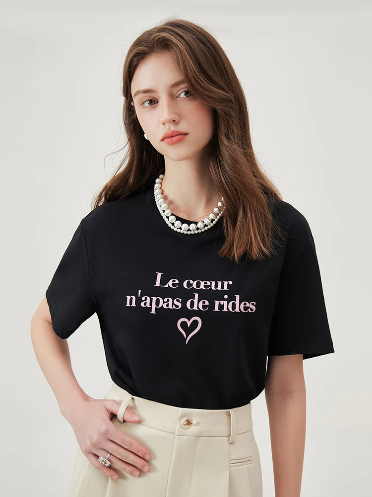 FSLE t-shirt con stampa donna estate t-shirt a maniche corte nere con stampa di lettere t-shirt dritta con spalla anteriore femminile 24 fs12953