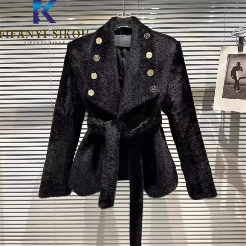 

Black Short Woolen Coat Women Big Lapel Fashion Plush Lace Up Wool Blend Coat Thick Warm Cotton Liner Slim Winter Coat Female