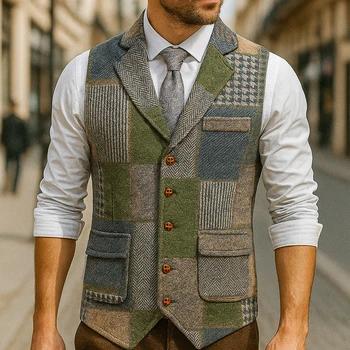 Green Men Vest Tweed Plaid Waistcoat Slim Fit Lapel Plaid Suit Vest Herringbone Vintage Vest For Wedding Groomsmen